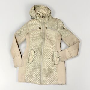 MICHAEL KORS Women's Tan Mixed Media Coat Hooded Quilted Jacket Size Small